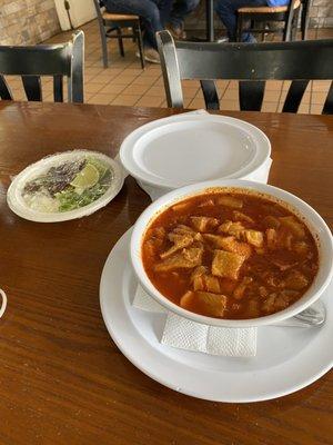 Menudo with the spice add on in upper left corner