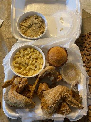 Fried Chicken Dinner.  Sides: Macaroni and Cheese and Dressing