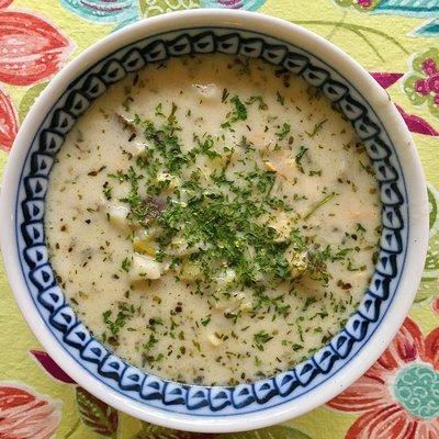 Piping hot bowl of clam chowder, served on sundays