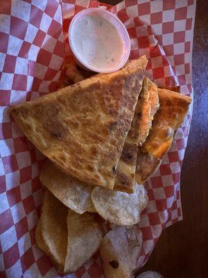 Pimento cheese quesadilla with home chips and ranch dressing