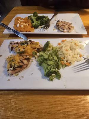 Chicken Chesapeake, steamed broccoli, rice pilaf and cream broccoli soup.