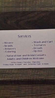 Services offered by Ray my VS hair Dr. @ Gems Beauty Bar.