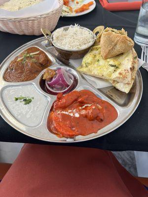 Plate lunch special with butter chicken and lamb curry