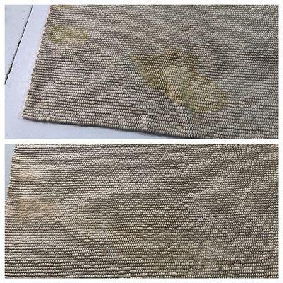 Urine damage correction on viscose rug. These are very difficult to work on, happily we have achieved acceptable results.