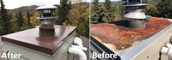 Before and after Chimney Top replacement! Hurray for no more leaks!