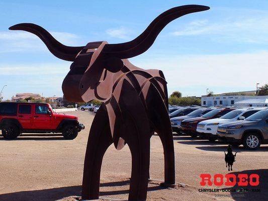 Steel bull sculpture at Rodeo Chrysler Dodge Jeep Ram in Queen Creek AZ