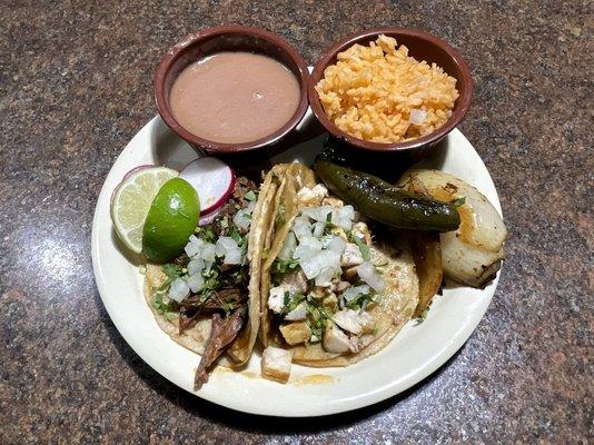 Birria and Pollo Tacos with Beans and Rice