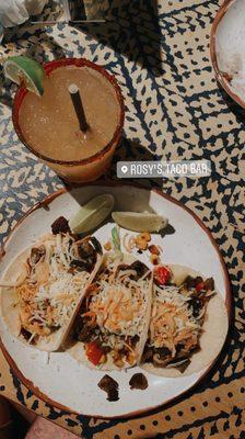 Vegetable tacos and pineapple habanero margarita with tajin.