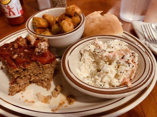 Meatloaf with fried okra and cole slaw...yeast roll on the side