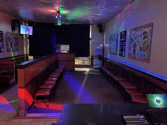 Layout of venue!! Surround sound, disco lights, and full dance floor!