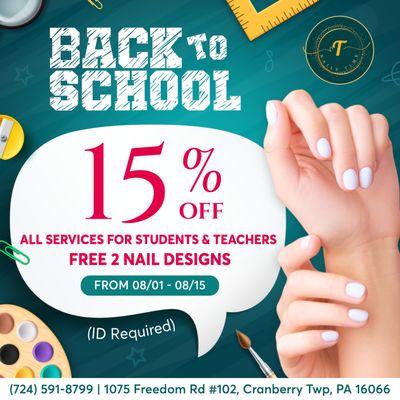 BACK TO SCHOOL  

 Calling ALL STUDENTS! 
 It's time to pamper yourself before the school year kicks off at Nails Time.