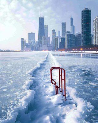 Winter charm in Chicago Frozen river, cityscape.