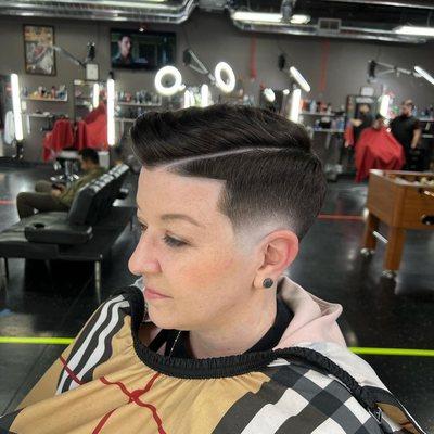 Drop fade with a hair part. By @Brandon.Blendz