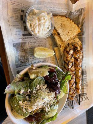 Chicken Souvlaki Platter with salad and Tzatziki