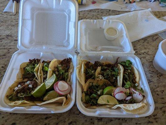 Carne asada tacos five in each! Very fast and great customer service! I love supporting local businesses and this place is legit