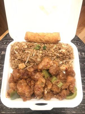 Orange chicken dinner with chicken fried rice and an egg roll