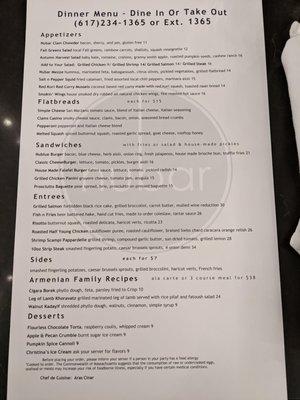 Dinner menu