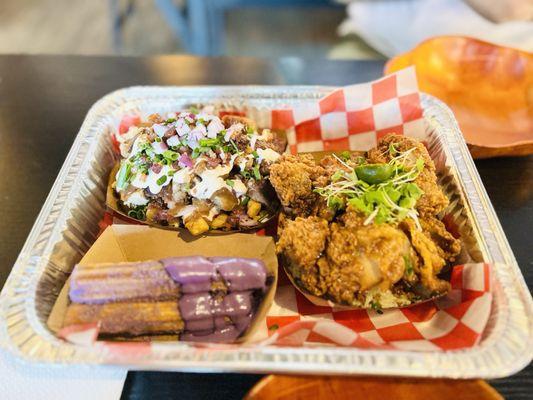 Kamayan Sampler (lechon fries, Calamansi fried chicken, garlic rice, Ube churros) $36.09