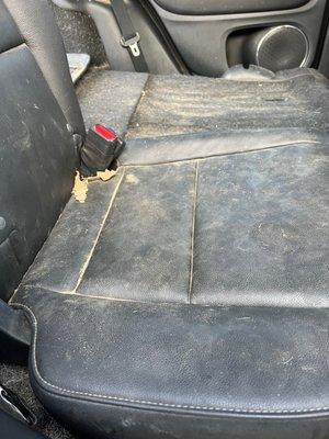 [BEFORE] hair, sand and dirt caked on the car seat