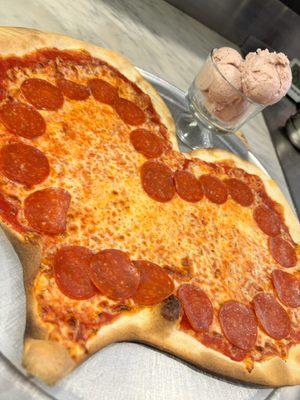 Valentines heart-shaped pizza & homemade strawberry gelato.