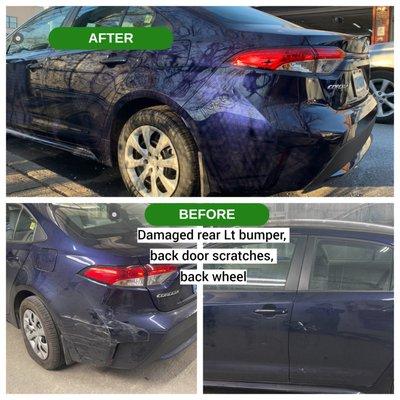 Before and after of 2022 Toyota Corolla. Damaged rear bumpers and door scratches