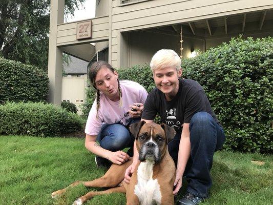 Siarra and Heather visiting with Roscoe at his house.