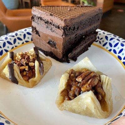 Chocolate cake, chocolate chip baklava, and pecan baklava