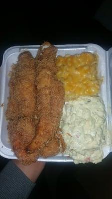 Amazzzzzinnnng!!!...fried fish, potato salad, Mac n cheese n rice under fish