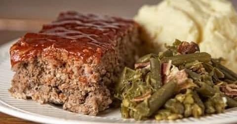 Meatloaf, green beans, mashed taters