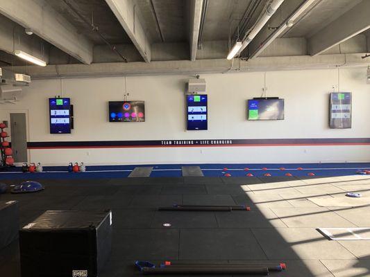 Workout floor setup before class. Equipment is already or for members.