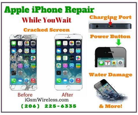 Apple iPhone Repairs while you wait!  Walk-ins anytime! Most repaies within 30-60 minuted. Apple quality parts guaranteed!