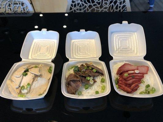 TAKEOUT VERSION: Chicken pho, beef noodle soup, and pork pho. (Broth for each not pictured.)