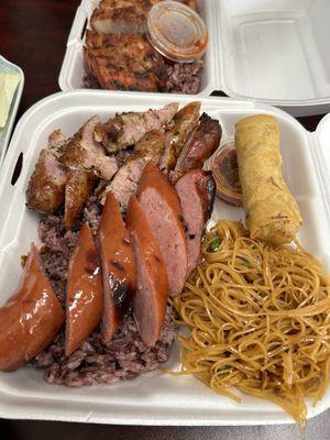 Lao sausage, smoke sausage, fried noodles, egg roll with sticky rice