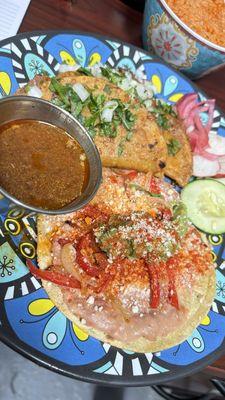 Veggie taco, quesobirra taco and birria taco and rice