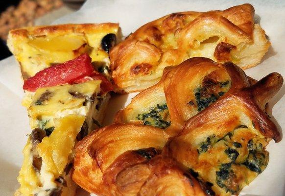 1/3 serving each of Veggie quiche, Leek then Spinach pastries, savory, tender and crisp all at once!