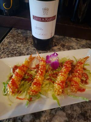 Singapore tempora shrimp with raspberry vinaigrette