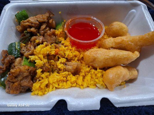 Black pepper chicken, fried rice,  and sweet n sour chicken.