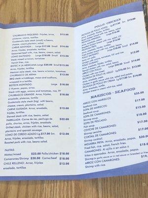 Beef, chicken, seafood menu