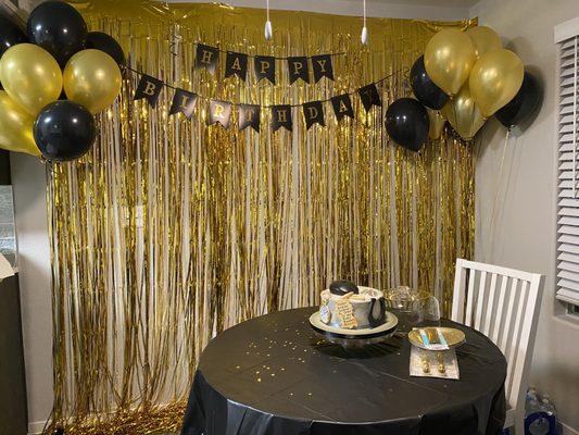 Table Cover, Confetti, Candles, Plates and Utensils provided by Party City