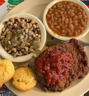 Meatloaf with BBQ beans and black-eyed peas