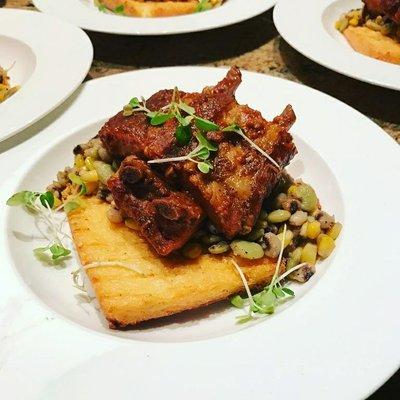 Peach BBQ ribs, Black eye pea succotash, Creamy grit cakes!