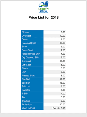 2018 Price List