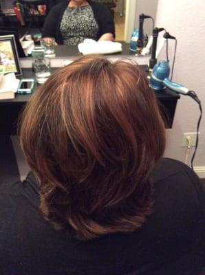 Balancing warm and rich brown highlights and lowlights. Shorter cut to add lots of fullness and depth.