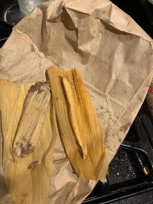 Delicious tamale on the left, Don's Molino scrawny tamale on the right.