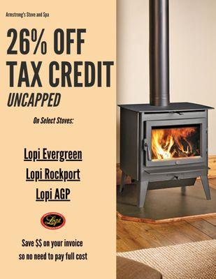 2021 tax credit on select stoves. Save 26% on your invoice