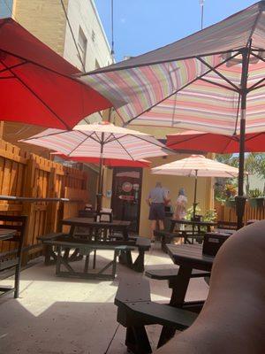 Seating area with fans and umbrellas and good music