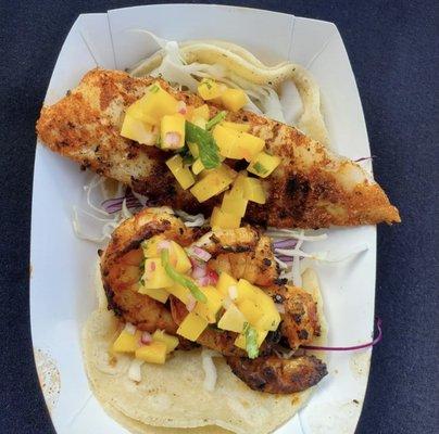 Blackened Fish And Shrimp With Mango Habanero Relish.