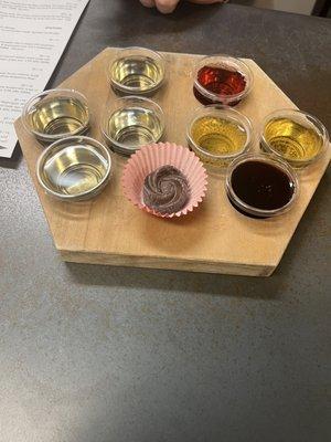 Mead tasting set up- 4 of their more traditional ones and 4 that are carbonated