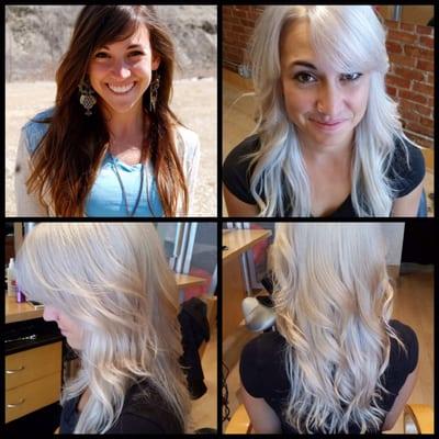 before/after from brunette to platinum hair by: Emily