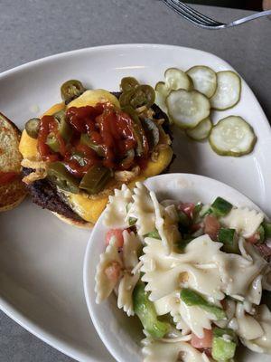 Spicy Jalapano Burger and Pasta salad